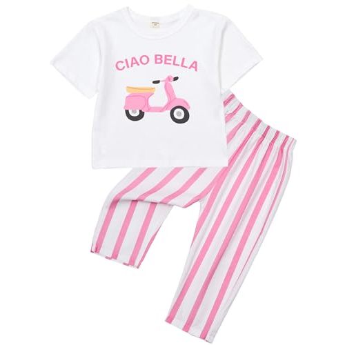 MiniOlie Toddler Baby CIAO BELLA Baby Motorcycle Outfit T Shirt Tees Elastic Striped Pants 2Pcs Set Summer Clothes