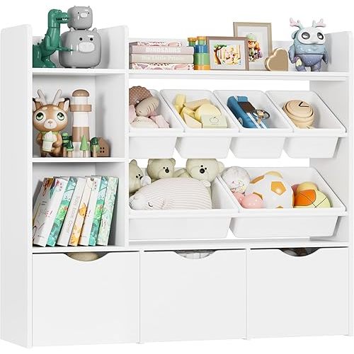 Toy Storage Organizer with 3 Movable Drawers, Kids Bookshelf with 6 Plastic Bins & 2 Storage Cubbies, Toy Chest with Hidden Wheels, Toy Storage Box for Playroom, Classroom, Kids Room, White
