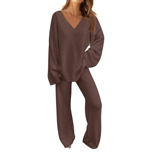 MEROKEETY Women's 2 Piece Outfits Fuzzy Fleece Pajama Set Long Sleeve Top Wide Leg Pants Loungewear