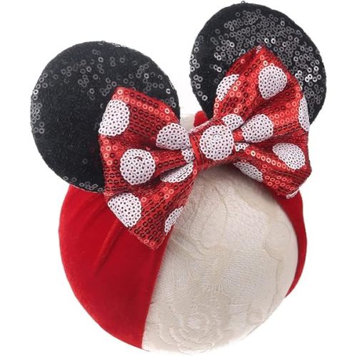 JIAHANG Baby Girl Mouse Ears Headwrap with Sequin Polka Dot Bow, Velvet Turban Hairband, Hair Bow Headband for Toddler, Kids, Party Supplies