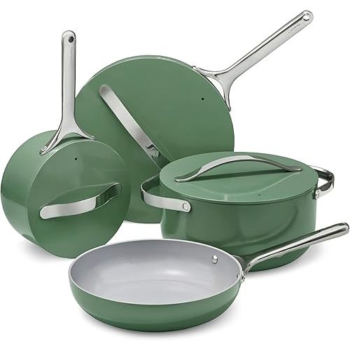 Caraway Nonstick Ceramic Cookware Set (12 Piece) Pots, Pans, Lids and Kitchen Storage - Non Toxic - Oven Safe & Compatible with All Stovetops - Sage