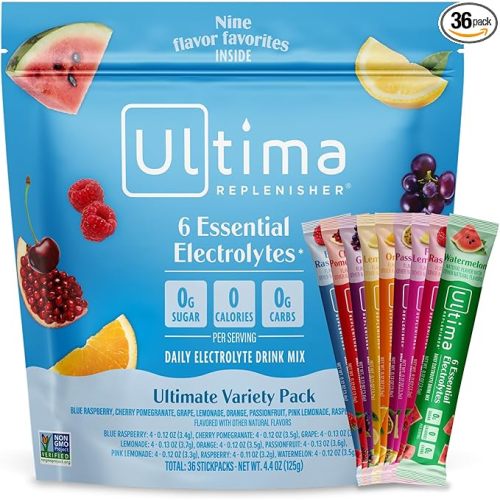 Ultima Replenisher Daily Electrolyte Powder – Ultimate Variety Pack, 36 Stickpacks – Zero Sugar Hydration Packets with 6 Electrolytes and Minerals – Sugar Free, Plant Based & Keto Friendly​ Drink Mix