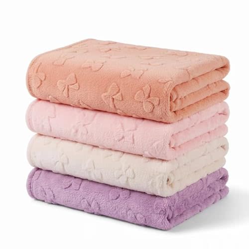 Tigeen 4 Pcs 3D Bow Baby Blankets, Cozy Fleece Coquette Blanket for Girls, Soft Fluffy Receiving Blankets for Newborn Toddler Gift Nursery & Stroller Decor, 32 x 24 Inch Purple Nude Pink White