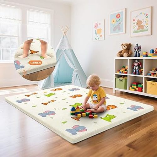 Omzer Baby Play Mat for Floor, 1.3" Thick Foam 65x50 Inch Playpen Mat Beige