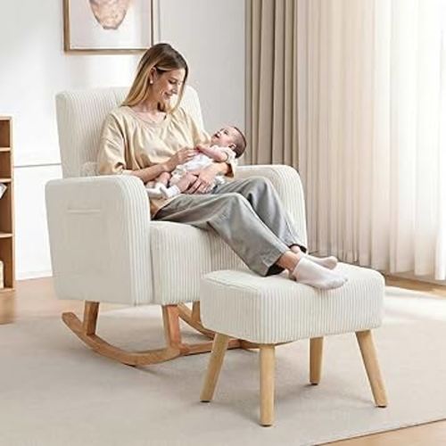 Rocking Chair with Ottoman, Chenille Upholstered Glider Rocker with High Backrest and Side Pocket, Comfy Reading Chair with Solid Wood Legs for Nursery, Living Room,Bedroom Beige