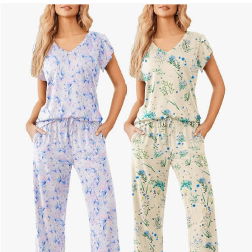 Ekouaer 2 Pack Womens Pajamas Short Sleeve Sleepwear Top with Pants Super-Soft Printed Lounge Sets S-XXL