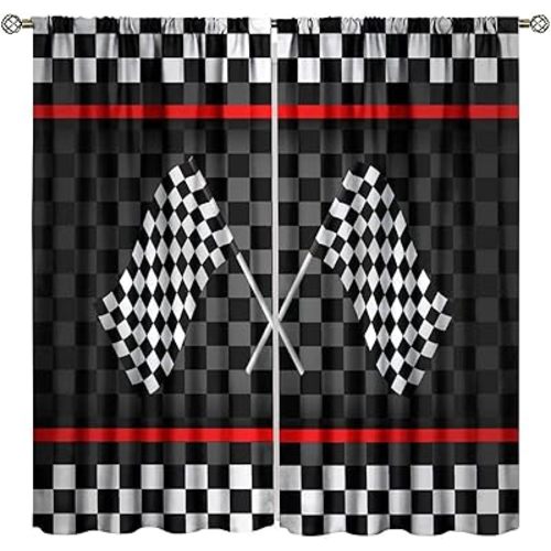 Racing Kids Curtains Boys Red Racing Bedroom Track Flag Pattern Living Room Curtains Set of 2 42x45 Inches