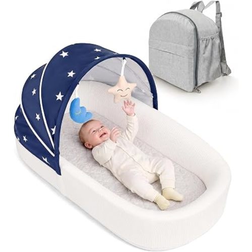 Portable Newborn Nest Lounger with Canopy & Mosquito Net-Lightweight Foldable Newborn Play Support & pad and Washable Cover, Indoor-Outdoor Use(Blue)