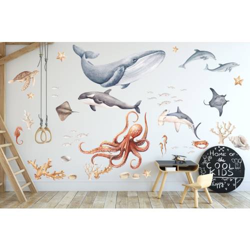 Under the Sea Animals Large Decals Kids Room, Watercolor Handdrawn Nautical Wall Stickers Ocean themed Playroom, Unique Eco Coastal Decals