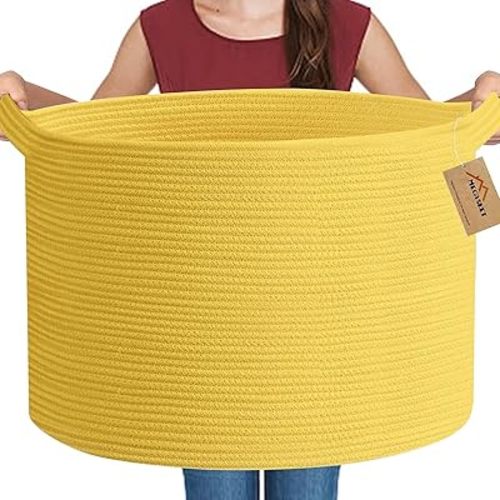 Extra Large Yellow Basket, 22” X 22” X 14” Cotton Rope Yellow Decor for Living Room Bedroom, Woven Basket for Blanket, Laundry, Towel, Shoe, Baby Nursery Toy Organizer, Room Decor Storage Bin