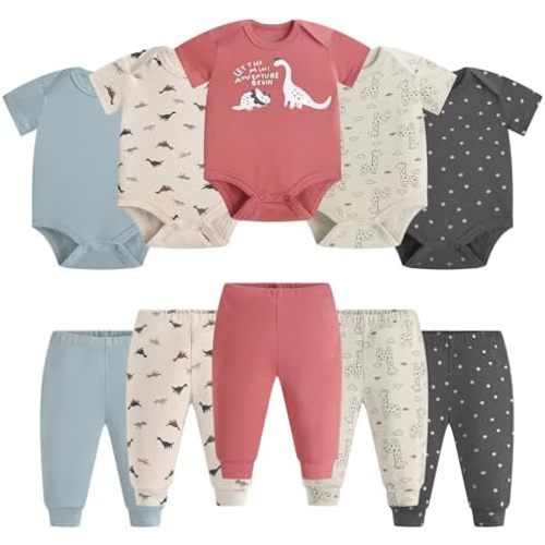 Infant Unisex Baby Bodysuit and Pant Sets Layette 10-pcs Cotton Soft Newborn Boy Girl Clothes Outfits
