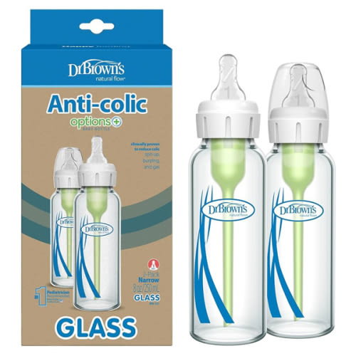 Dr. Brown's Natural Flow Anti-Colic Options+ Narrow Glass Baby Bottle, with Level 1 Slow Flow Nipple