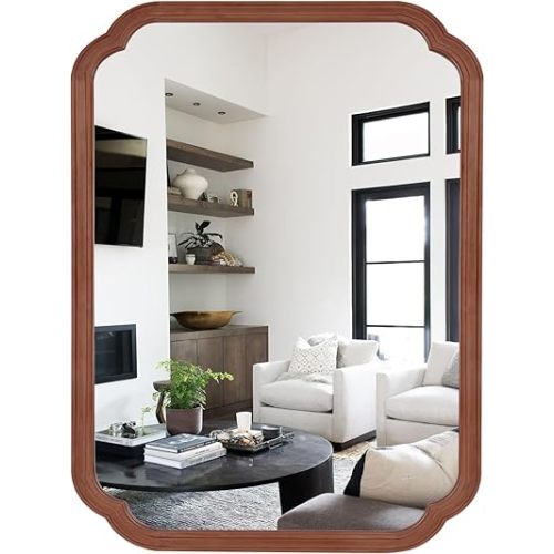 WallBeyond 30" x 40" Wood Bathroom Mirror for Wall Mounted, Rustic Rounded Corner Vanity Mirror for Entryway, Living Room or Bedroom Home Decorative [30" x 40" Walnut Color]