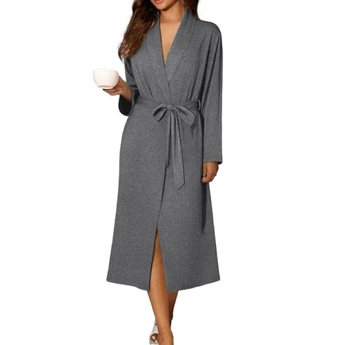 Ekouaer Robes for Women Long Sleeve Knit Kimono Bathrobe Soft Lightweight Loungewear Ladies Cotton Sleepwear