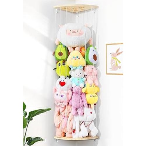 Corner Stuffed Animal Storage Net - Heigh Adjustable Wood Stuffed Animal Organizer - Large Wall Plush Holder Teddy Bear Storage for Bedroom Nursery Decor