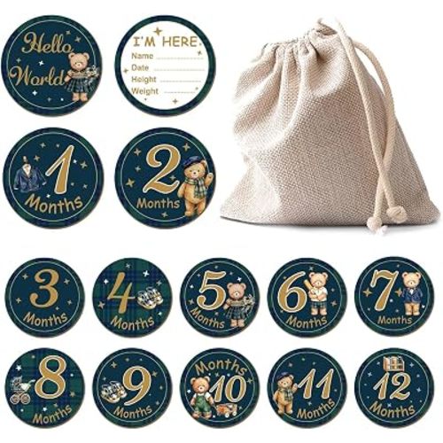 Polo Bear Baby Milestone Signs, 7 Pcs Double Sided Wooden Monthly Milestone Markers, Baby Months Signs, Baby Nursery Decor Photo Prop Keepsake,Polo Bear Baby Shower Decorations