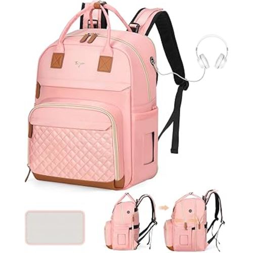 Tonyeee Diaper Bag Backpack - Extra Large Diaper Bag for 2 Kids Twin, Travel Baby Bags for Mom Dad 25-37L Expandable with Changing Pad Earphone Hole, Solid Pink