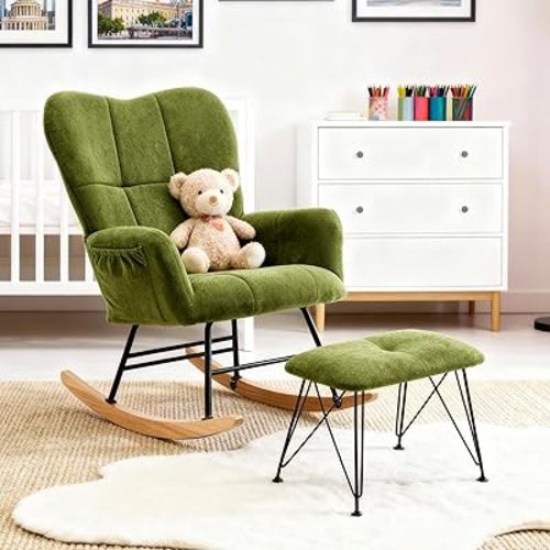 KEEZY Nursery Rocking Chair with Footrest,Upholstered Glider Rocker Rocking Accent Chair Padded Seat with High Backrest Armchair Comfy Side Chair for Living Room Bedroom(Green)