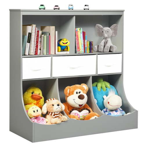 Giantex 3-Tier Kids Bookcase Toddler Storage Organizer Cabinet Shelf w/8 Compartment Box & Removable Drawers for Children, Grey