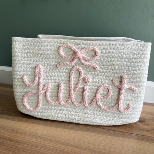 Personalized Name Basket with Bow, Baby shower gift basket, Monogram Basket, Custom basket, Crochet Knitted Rope Basket