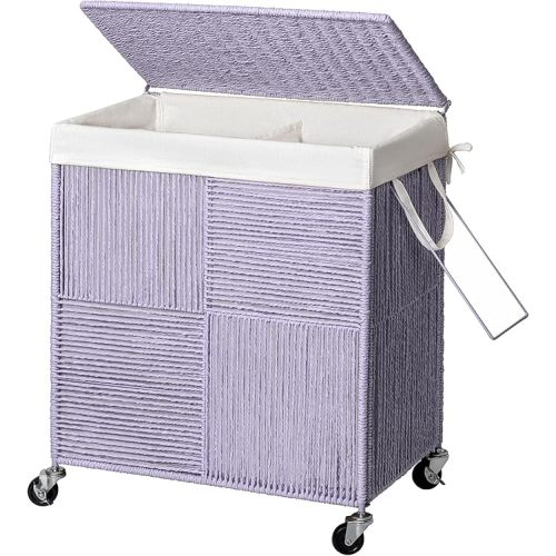 WOWLIVE Double Laundry Hamper with Lid, Handwoven Rolling Laundry Basket with Wheels, 115L Dirty Clothes Hamper with Removable Liner Bag Large Capacity Laundry Sorter Laundry Room Organization,Purple