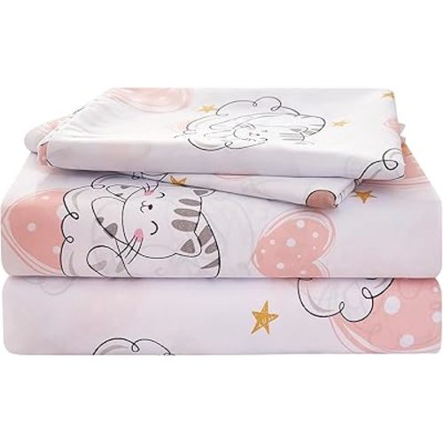 Yibeizi Cat Full Sheet Set for Girls, Kids Cute Pink Heart Bedsheet Microfiber Deep Pocket Bedding Sheets & Pillowcases 4 Pieces