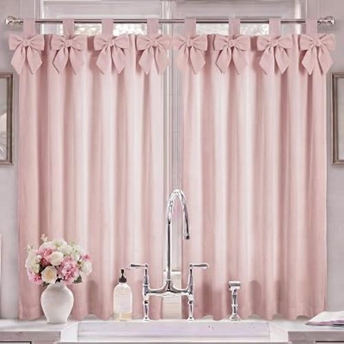 2 Panels Pink/Blue Bow Curtains for Living Room 26 x 36 Inch Cute Coquette Curtains for Girls Bedroom Tab Top Window Treatments Light Filtering for Laundry Kitchen Bathroom Decor(Pink)