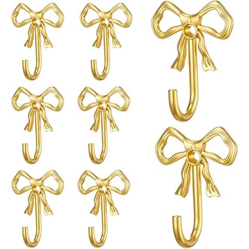 8 Pcs Gold Metal Bow Wall Hooks Bow Knot Screw Hanger Retro Antique Decorative Hanging Holder for Door Towel Coats Hats Bags Tie Wedding Bathroom Living Room Bedroom Kitchen Office