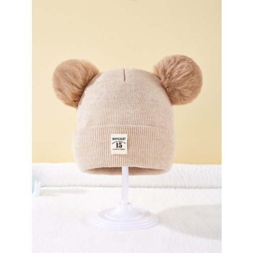 1pc Baby's Knitted Hat With Double Pom-pom And Label Tag For Winter Warmth | SHEIN USA