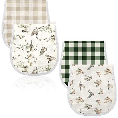 4 Pcs Mallard Duck Baby Burp Cloths 100% Cotton Absorbent & Soft Burping Cloth Large 22'' x 10" Newborn Towel 2-in-1 Baby Spit up Burping Rags Set for Boys Girls Infant Newborn(Plaid Style)