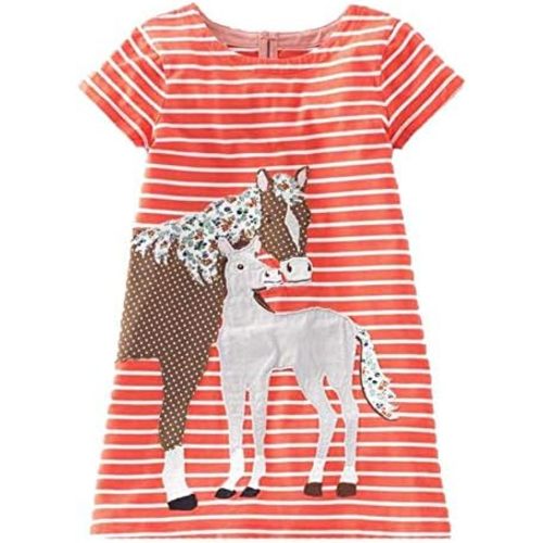Girls Cotton Long Sleeve Casual Cartoon Appliques Striped Jersey Dresses