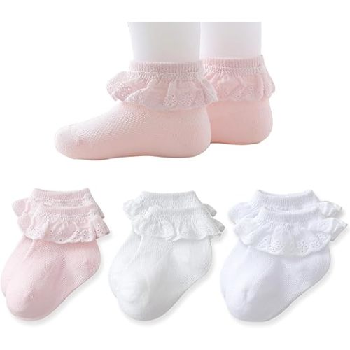 EPEIUS Baby Lace Socks Newborn Girl Eyelet Ruffle Socks Infant Toddler Dress Crew Sox 0-6/6-12/12-24 Months White/Ivory/Pink 3 Pack XS