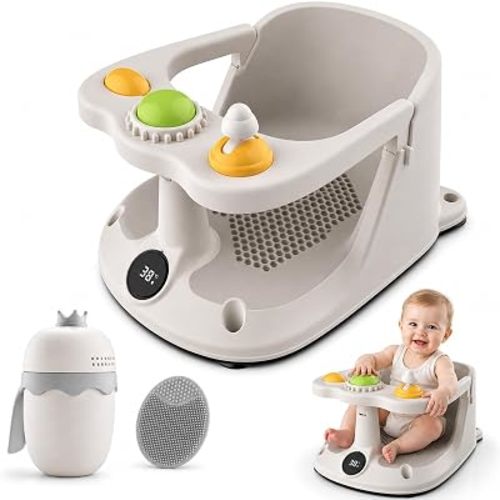 Baby Bath Seat for Babies Sitting Up, Baby Bath Chair with Temperature Sensor & Toys, Infant Bath Seat for Babies 6 Months & Up, Baby Bathtub Seat with Rinse Cup & Soft Silicone Bath Brush
