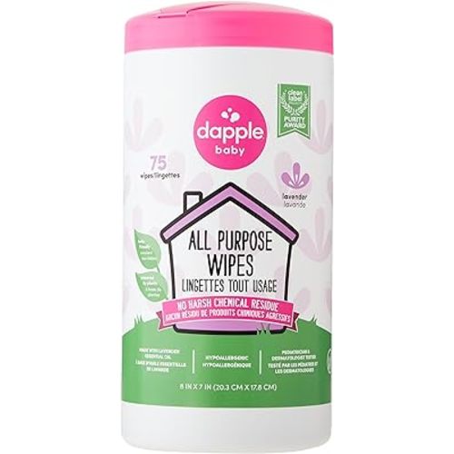 Dapple Baby - All Purpose Cleaning Wipes, Baby Safe, Natural Toy and High Chair Wipes, Plant Based, Sweet Lavender Scented - 75 Count