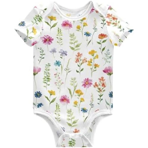 ALAZA Purple Yellow Floral Infant Baby Short Sleeve Bodysuits Cotton Newborn One-piece Clothes Comfort Romper