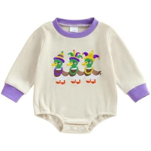 Baby Boy Girl Mardi Gras Outfit Duck Embroidery Waffle Knit Long Sleeve Sweatshirt Bubble Romper Carnival Clothes