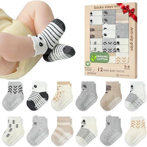 GOTS Certified Organic Cotton Infant Baby Socks 12 Pair For 0-6 (M) Baby Boy Soft, Stretchable & Comfortable Infant Socks Premium Cotton Animal Design Socks, Gift for Newborn Boys, Brown