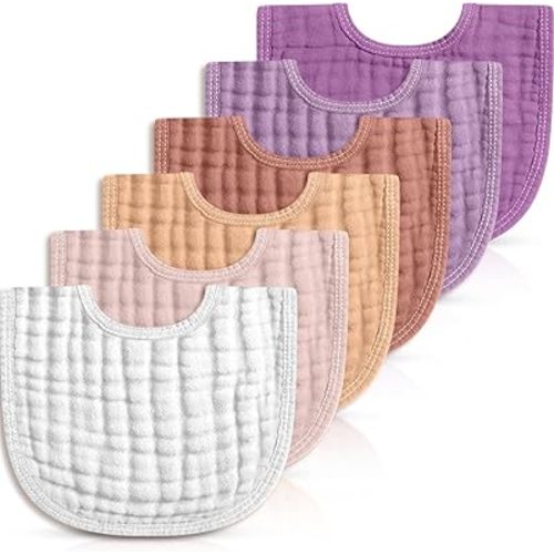 Frienda 6 Pcs Muslin Bibs Burp Cloths for Baby Teething Bandana Bibs 6 Absorbent Layer for Baby Boy Girl Cotton Burping Cloth(Purple Series)