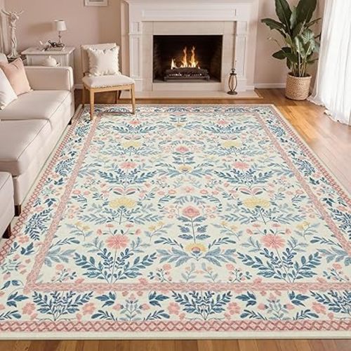 Joydeco Floral Light Pink Rugs for Bedroom Girls Kids Playroom, Boho Washable Large 8 x 10 Area Rug for Living Room Nursery, Non Slip Soft Indoor Floor Carpet for Dorm Classroom