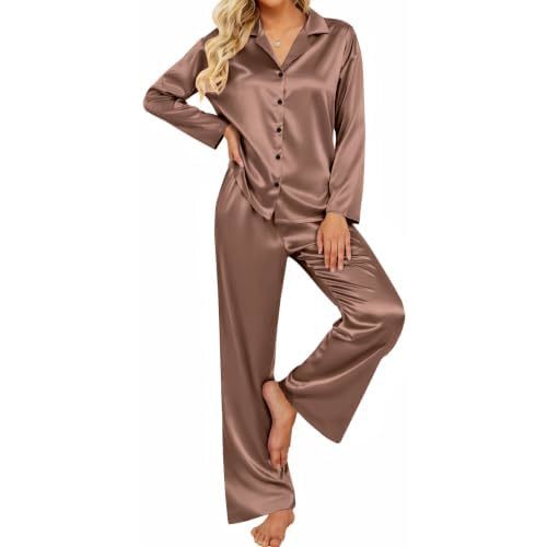 Ekouaer Women's Satin Silk Pajamas Long Sleeve Button Up Pjs Lounge Sets