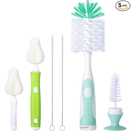 Baby Bottle Brush with One Base Hidden Nylon Nipple Cleaner, 2 Pcs Sponge Nipple Brushes, 2 Pcs Straw Brushes, Bottle Brush with Nipple Cleaner and Suction Cup (Green)