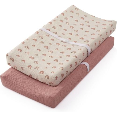 Blissful Diary Muslin Changing Pad Cover for Girls Boys, Ultra Soft Breathable Cotton, Baby Diaper Change Table Pad Covers, 2Pack (Dusty Pink&Rainbow)