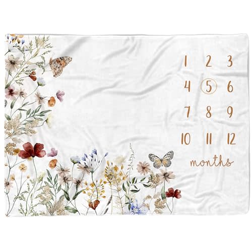 Honestchi Baby Monthly Milestone Blanket for Girls, 40"x50" Wildflower Newborn Photo Props, 12 Month Growth Chart