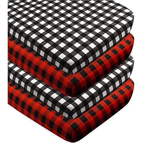 4 Pack Buffalo Check Plaid Neutral Unisex Fitted Baby Crib Sheets Set for Baby Boys or Girls (Red)