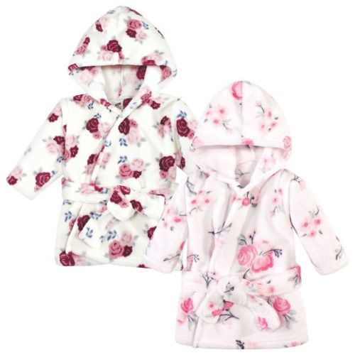 Hudson Baby Infant Girl 2Pc Plush Animal Face Bathrobe, Pink Floral Floral, 0-9 Months
