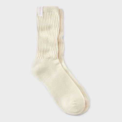 Women's Ultra Soft Ribbed Cushioned Slouch Crew Socks with Woven label 'Harmony' - Auden™ White 4-10