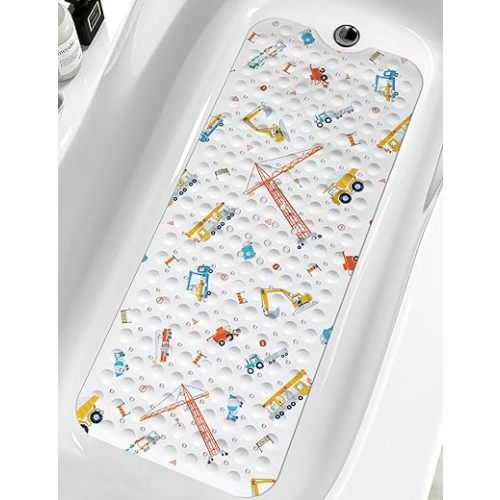 LNOND Baby Bath Mat Non Slip, Kids Bath Mat for Bathroom, Building Machine Shower Mat with Drain Holes and Suction Cups,40 X 16 Inch