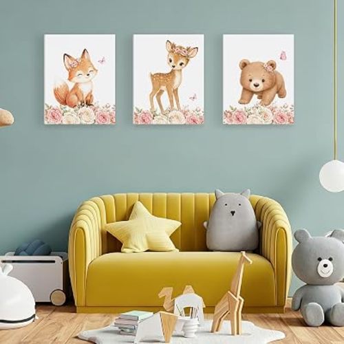 YISMEET Baby Girl Room Decor Wall Art Set of 3, Deer Bear Pattern Prints, Cute Animal Canvas Wall Decor for Nursery Bedroom, Sweet Baby Room Artwork Above Crib, 12x16 Inch