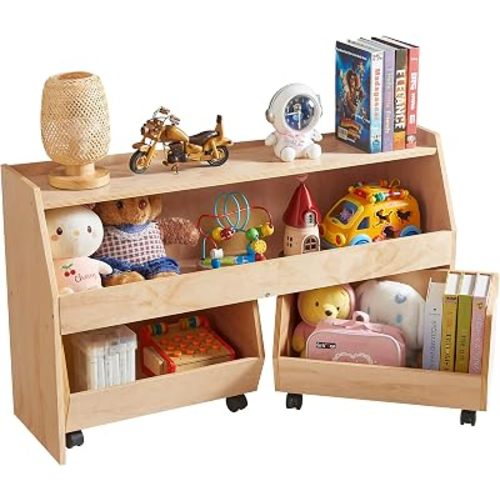 Montessori Toy Shelf, 3-in-1 Plywood Montessori Book and Toy Shelf for Kids with Wheels, 2-Tier & Pull-Out Wooden Montessori Shelf for Kids Room, Playroom, Classroom, Books, and Toys