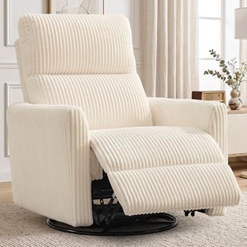 Korser 360° Swivel Glider Rocker Manual Recliner Chair, High Back Reclining Chair with Curved Armrests, Beige Corduroy Upholstered Chair for Nursery, Living Room, Bedroom